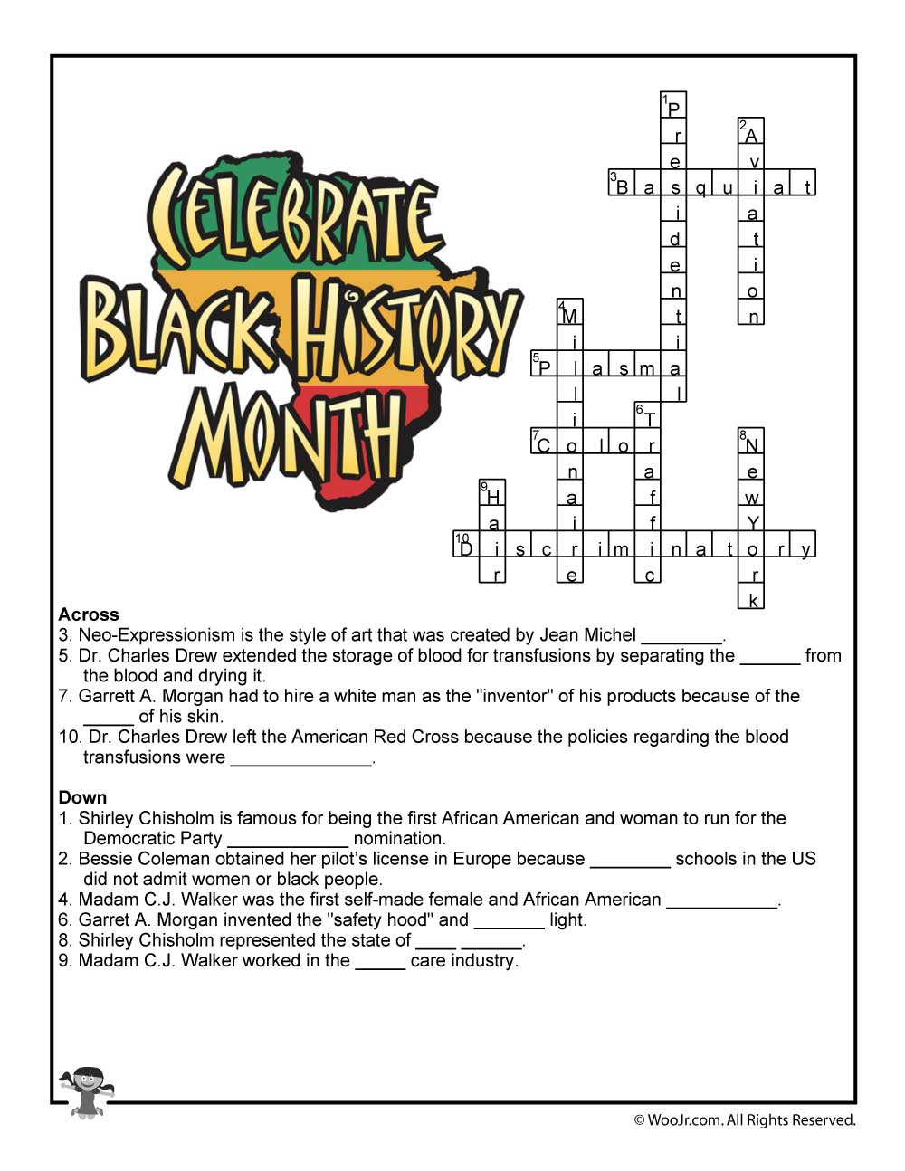 Black History Month Crossword Worksheet Answer Key Woo Jr Kids 