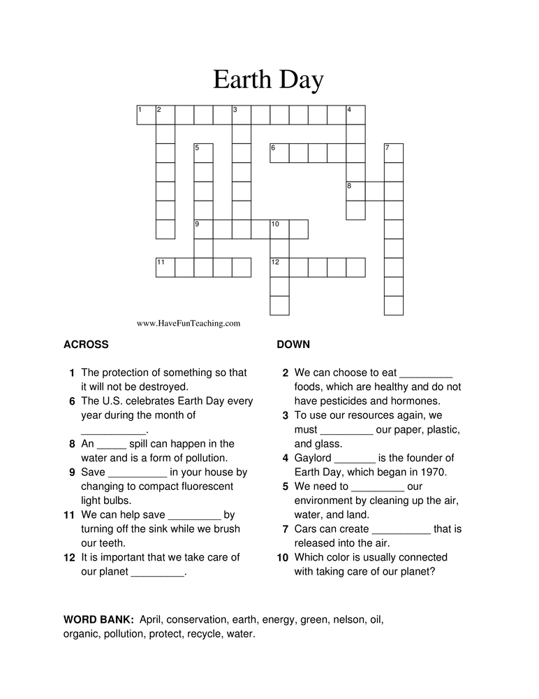 Earth Day Crossword Puzzle Printable Printable Crossword Puzzles