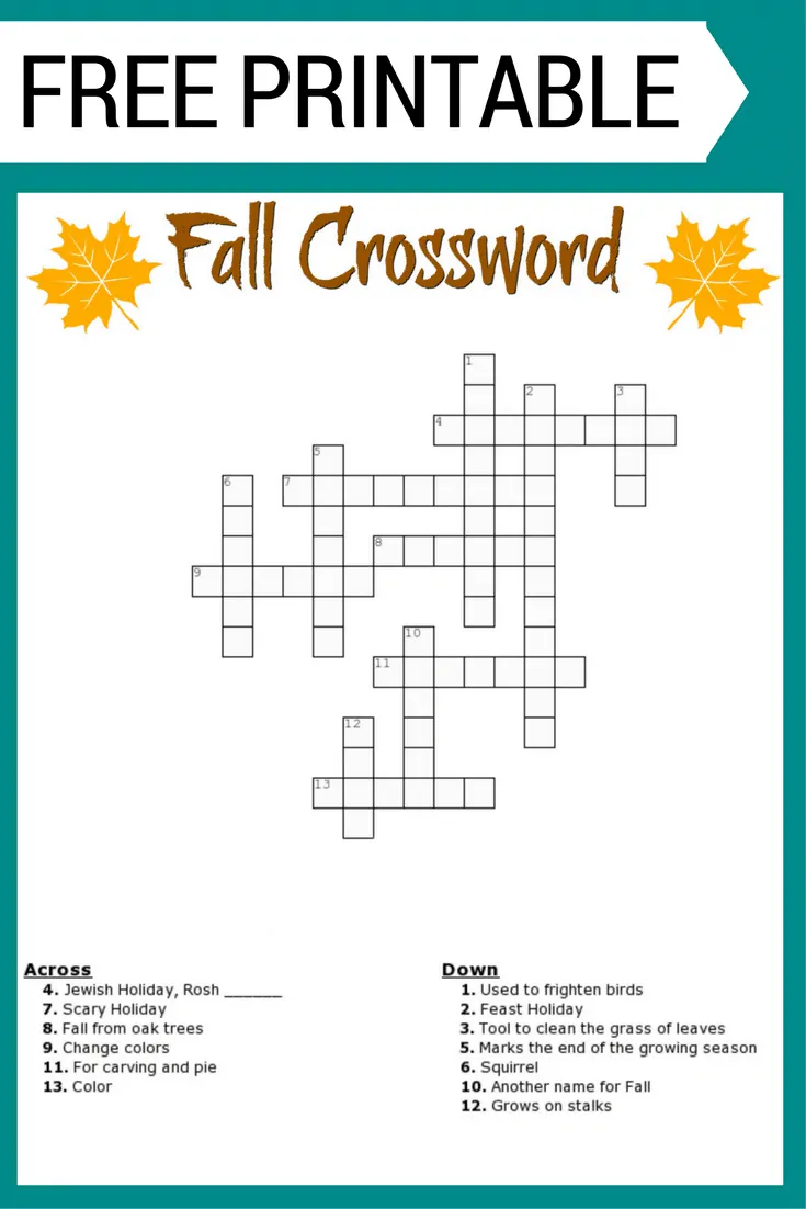 Fall Crossword Puzzle Free Printable Worksheet