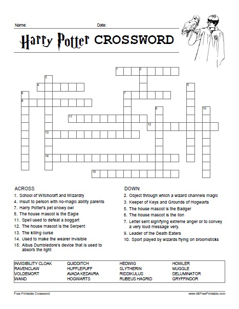 Harry Potter Crossword Free Printable