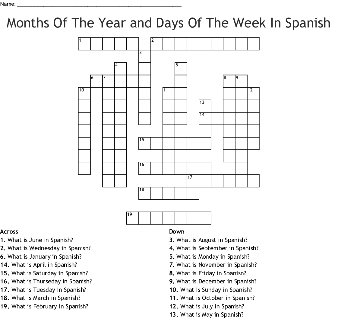 Months Of The Year And Days Of The Week In Spanish Crossword Db excel