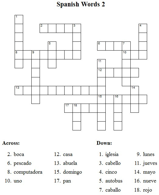 Spanish Words Crossword Puzzle