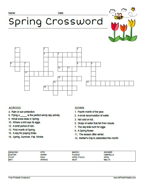 Spring Crossword Puzzle Free Printable Printable Blog