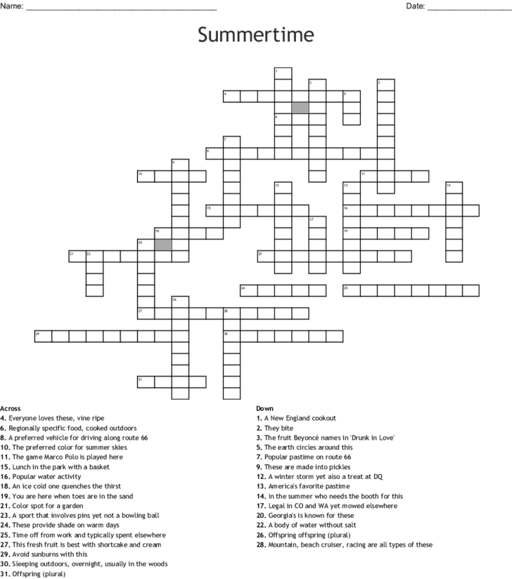 Printable Summer Crossword Puzzles
