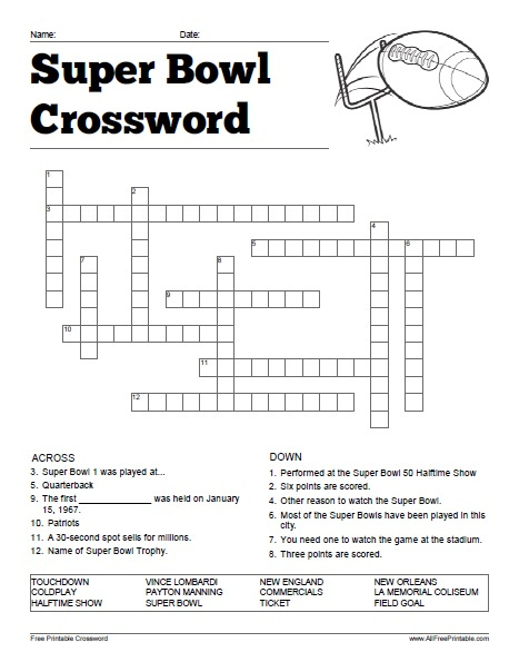 Super Bowl Crossword Puzzle Printable
